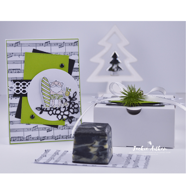 Stampin' Up!, Sheet Music Background Stamp, So Santa, Christmas Card, Surfing Santa, made by Jaxx Crafty Creation