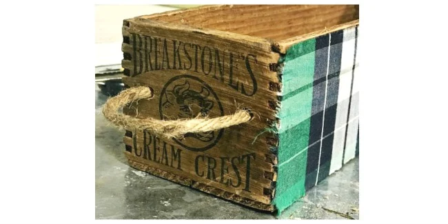 green plaid crate with handle