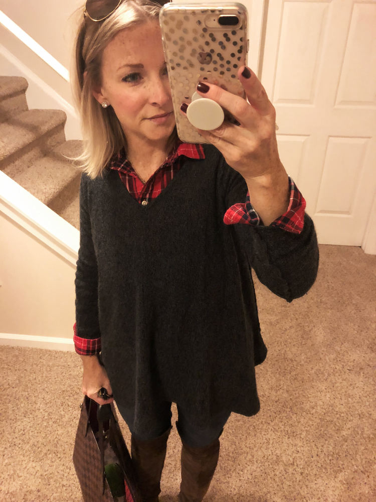red plaid shirt with charcoal sweater