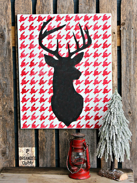 Up-Cycle A Garage Sale Art Canvas As Christmas Decor #oldsignstencils #stencil #houndstooth #Christmasdeer