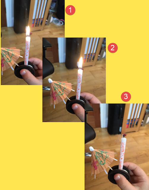 Casual birthday Lit candle in a chocolate cookie with umbrella