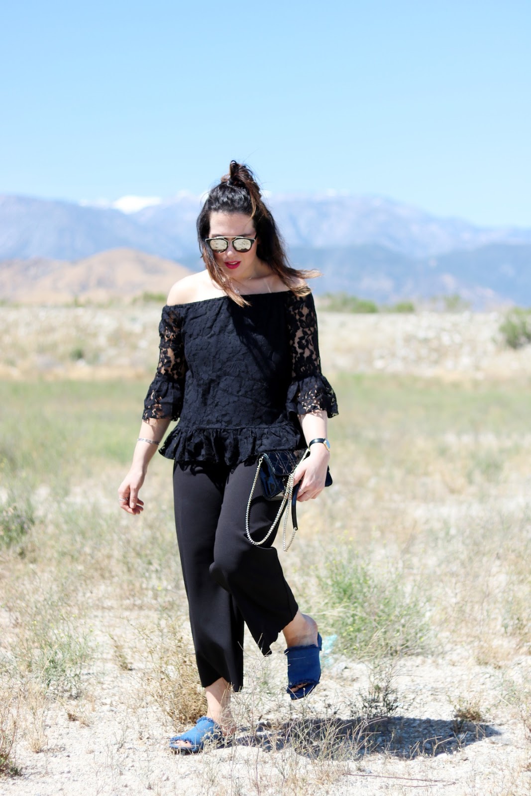 Le Chateau lace off the shoulder top vancouver blogger outfit palm springs Dior Promenade bag