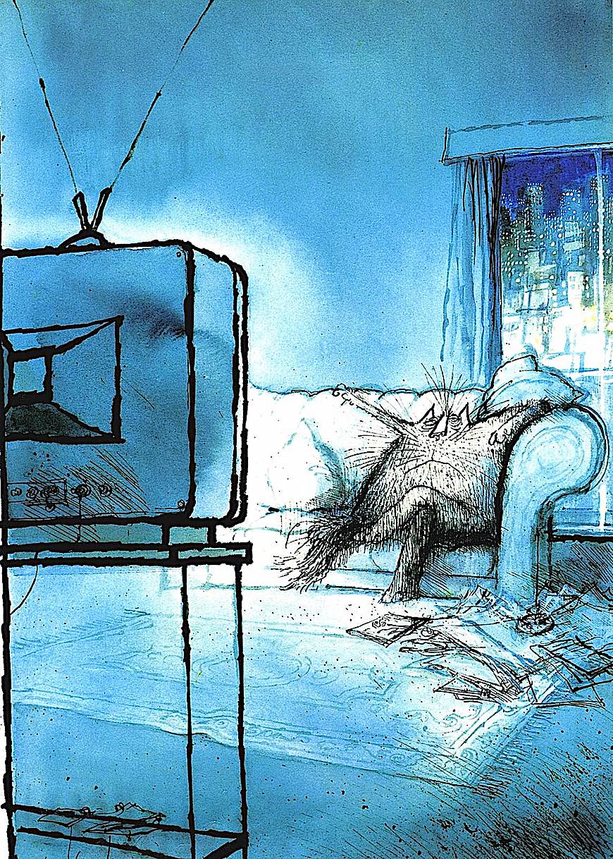 Ronald Searle a Ronald Searle cat cartoon, cat watching television