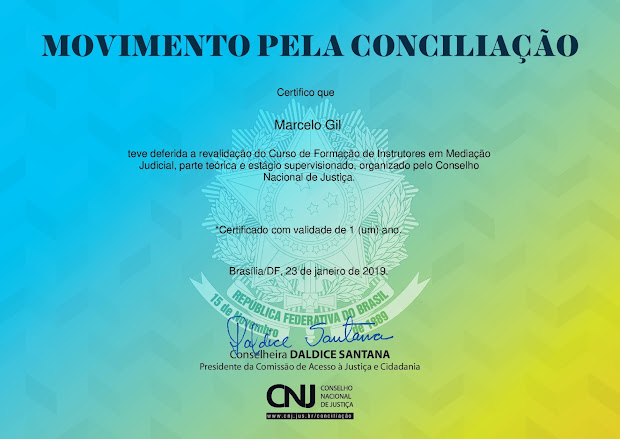 CERTIFICADO DE REVALIDAÇÃO DO CURSO DE FORMAÇÃO DE INSTRUTORES DE MEDIAÇÃO JUDICIAL DO CNJ / 2019