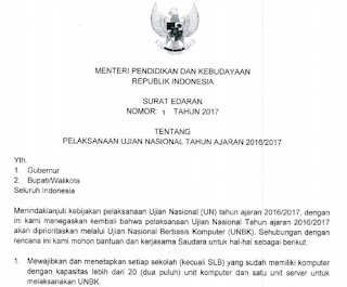  Selamat Jumpa  lagi dengan Admin melalui blog  Edaran Mendikbud Nomor 1 Tahun 2017 Tentang Pelaksanaan UN 2016/2017
