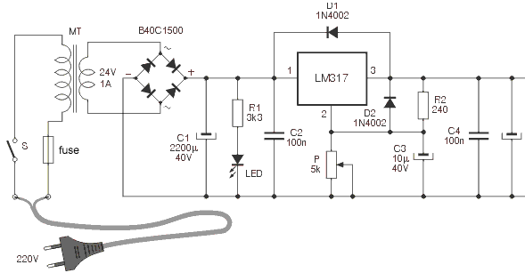 Stabilized Converter with circuit LM317 (transformer used for ...