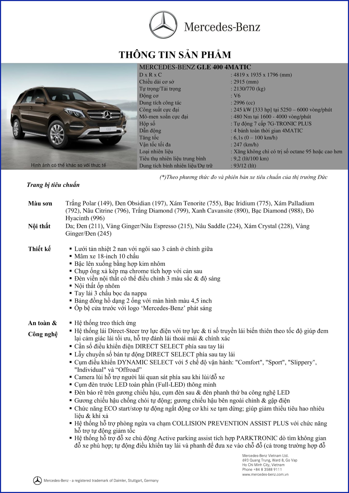Bảng thông số kỹ thuật Mercedes GLE 400 4MATIC 2019 Bảng thông số kỹ thuật Mercedes GLE 400 4MATIC 2019 tại Mercedes Trường Chinh