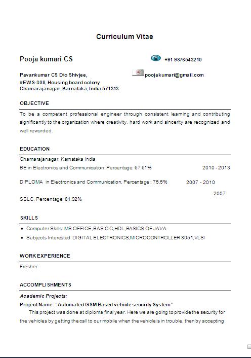 Electronics Fresher Engineer Resume Format with IT Skills