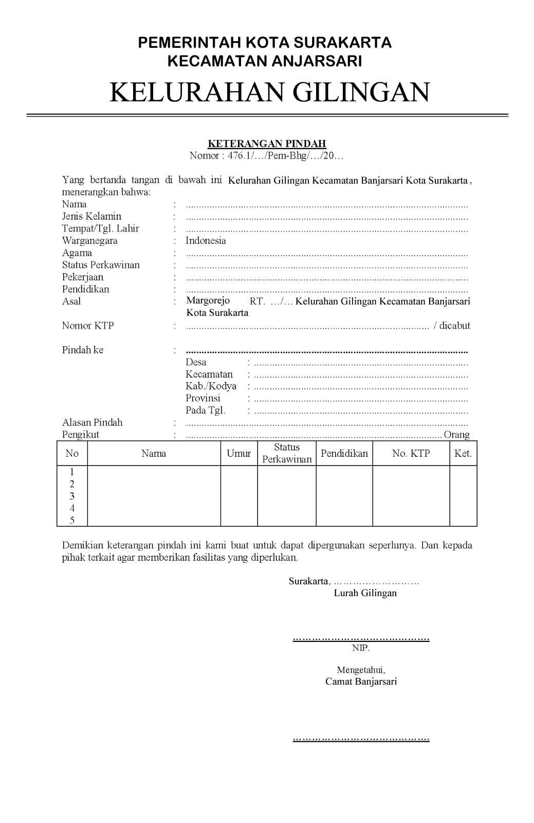 Kelurahan Gilingan Pengantar Surat Keterangan Pindah