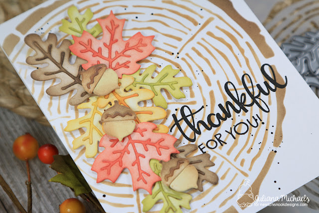 Thankful For You Card by Juliana Michaels featuring Newton's Nook Designs Thankful Thoughts Stamp Set, Tree Rings Stencil and Autumn Leaves Die Set