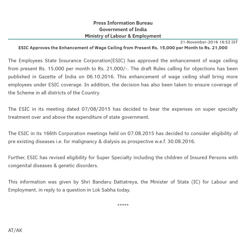 Press Release Esic Limit Increases From Rs 15000 To Rs 21000