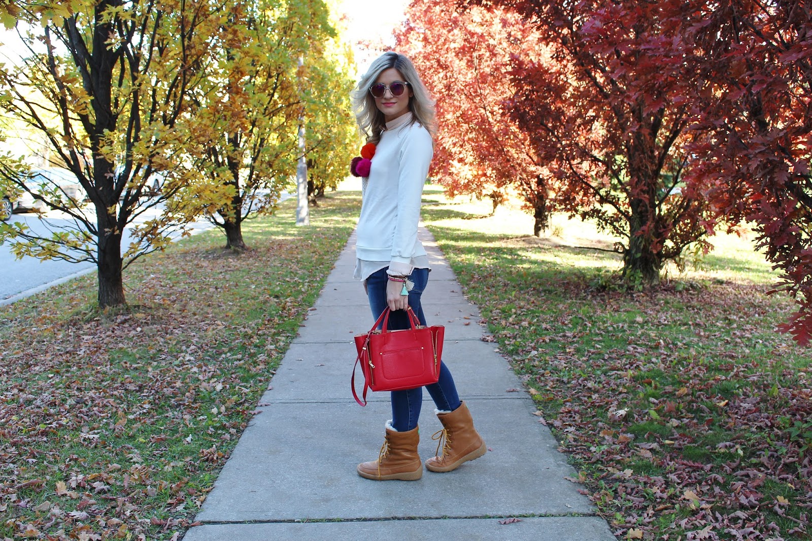 Bijuleni - Pom Pom Icecream Top and Fidelity Denim jeans with Cougar boots and Ann Taylor red tote