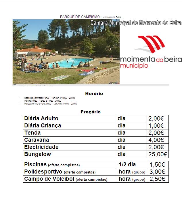 Vila de Moimenta da Beira na «Divulgação» Tabela de preços