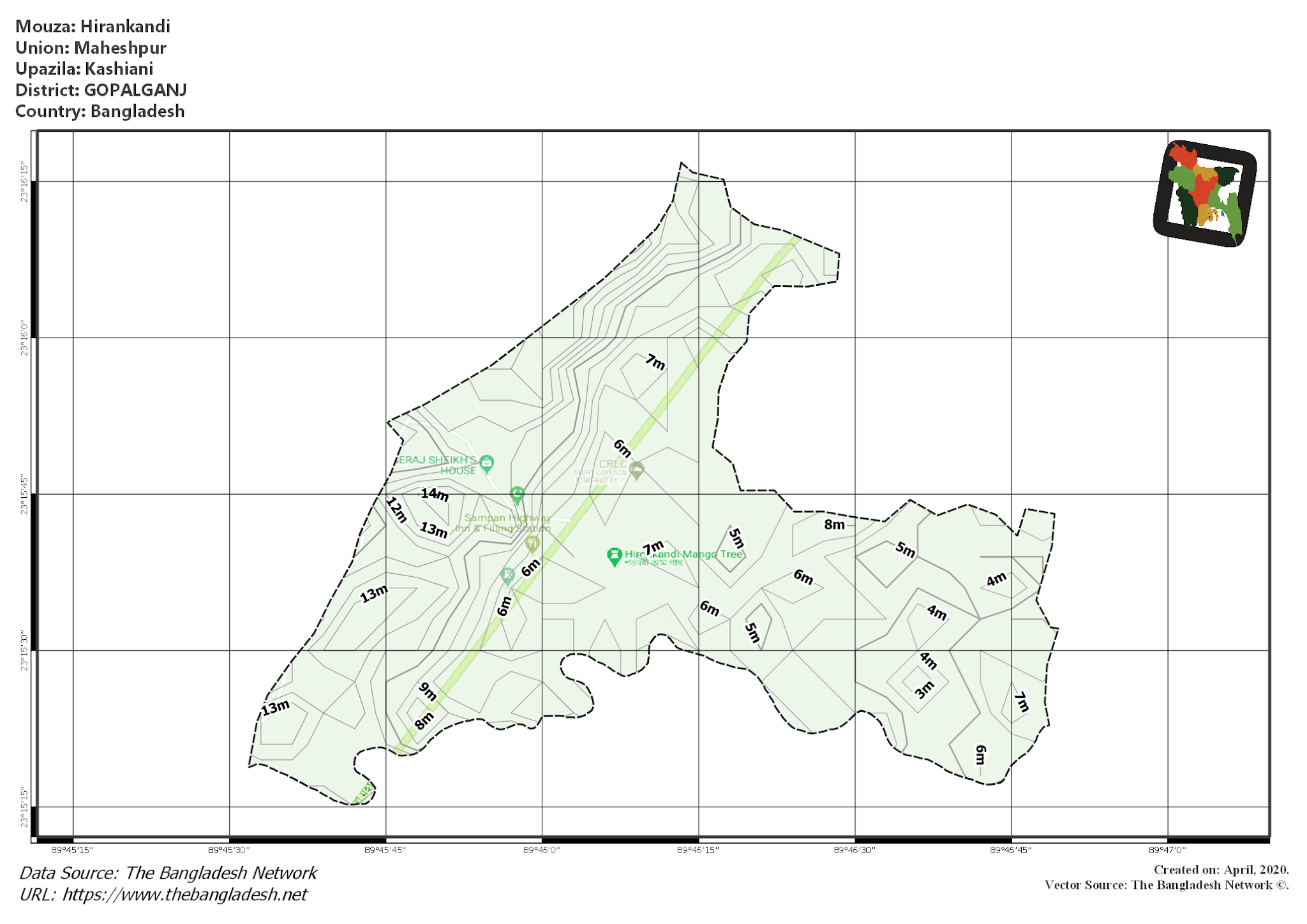 Map of Hirankandi Mouza of Kashiani Upazila, GOPALGANJ, Bangladesh.