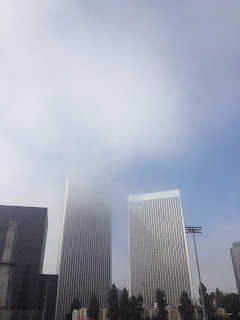 morning fog surrounds the high rise buildings of century city 