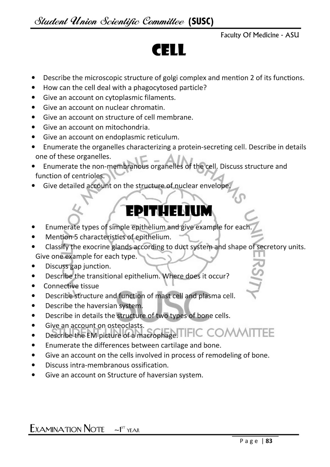 Histology Previous Tests كلية طب عين شمس فرقة أولي D Of Medi
