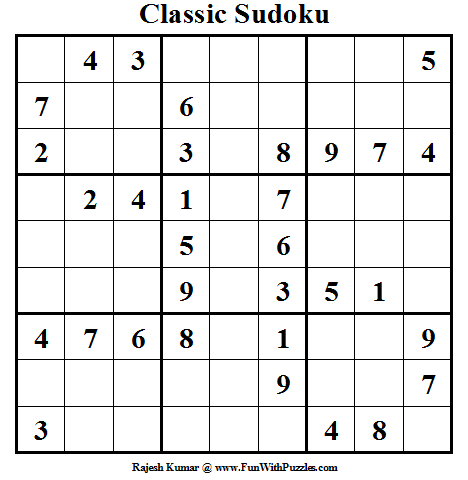 Classic Sudoku (Fun With Sudoku #16) (Happy World Sudoku Day)