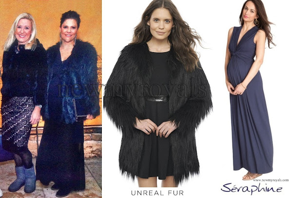 Crown Princess chose a black Unreal Fur Wanderlust jacket, a dark blue Seraphine Maternity Maxi dress and a blue Stella McCartney Falabella clutch bag