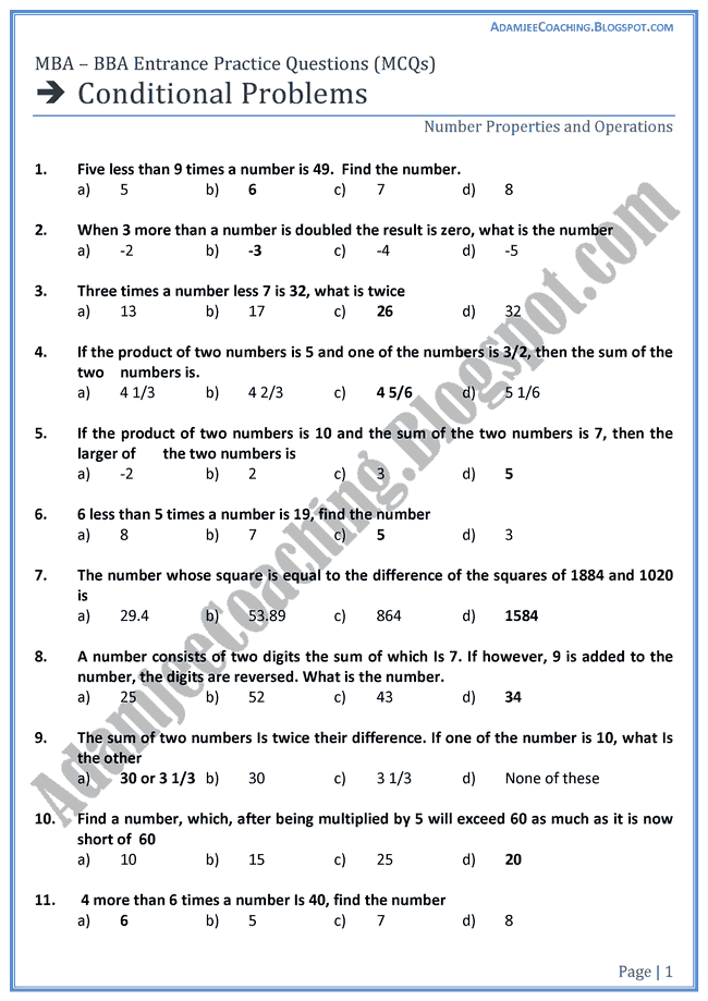 Adamjee Coaching Conditional Problems Entrance Practice Questions MBA BBA
