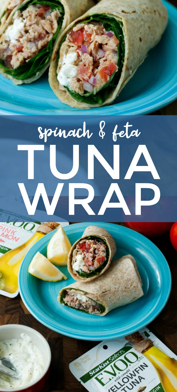 Light, fresh, and full of flavor, this Spinach and Feta Tuna Wrap is the perfect summer lunch!  It's made with @starkist E.V.O.O.™ Wild-Caught Yellowfin Tuna in Extra Virgin Olive Oil, fresh spinach, and a cool feta dressing. The extra virgin olive oil gives the tuna a rich, mellow flavor that is perfect for this wrap!  You will LOVE it! #tuna #wrap AD 