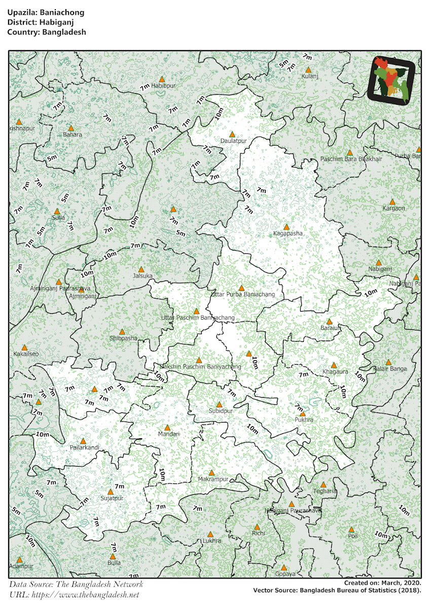 Baniyachong Upazila Elevation Map Habiganj District Bangladesh