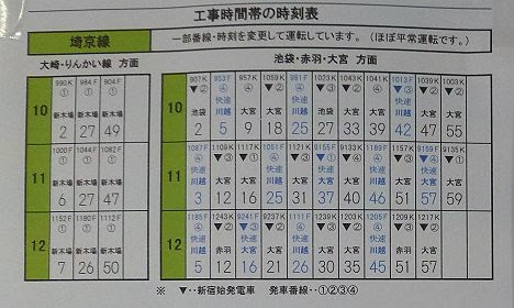 赤羽～川口間不発弾処理に伴う新宿駅時刻表