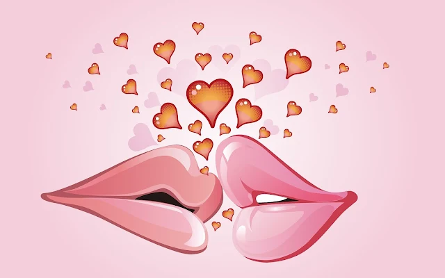 Roze liefdes achtergrond met hartjes en twee kussende lippen