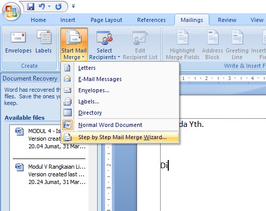 langkah-langkah membuat mail merge (MS Word 2007)