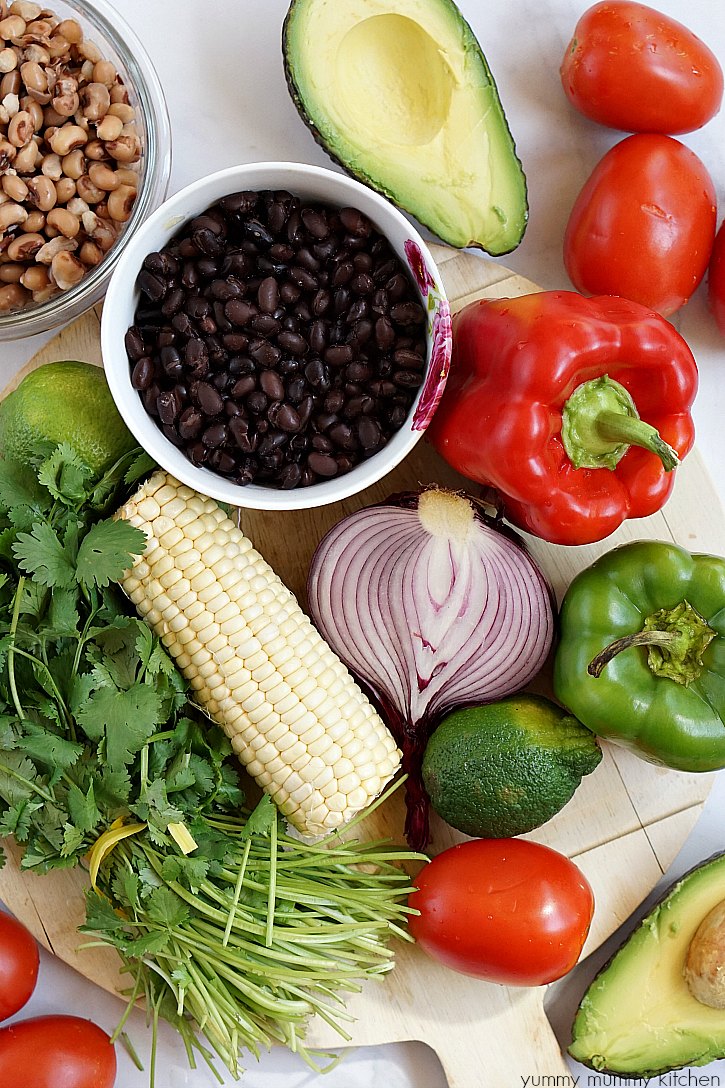 cowboy caviar ingredients This cowboy caviar recipe included black beans, black eyed peas, avocado, bell peppers, corn, tomato, cilantro, and lime juice.