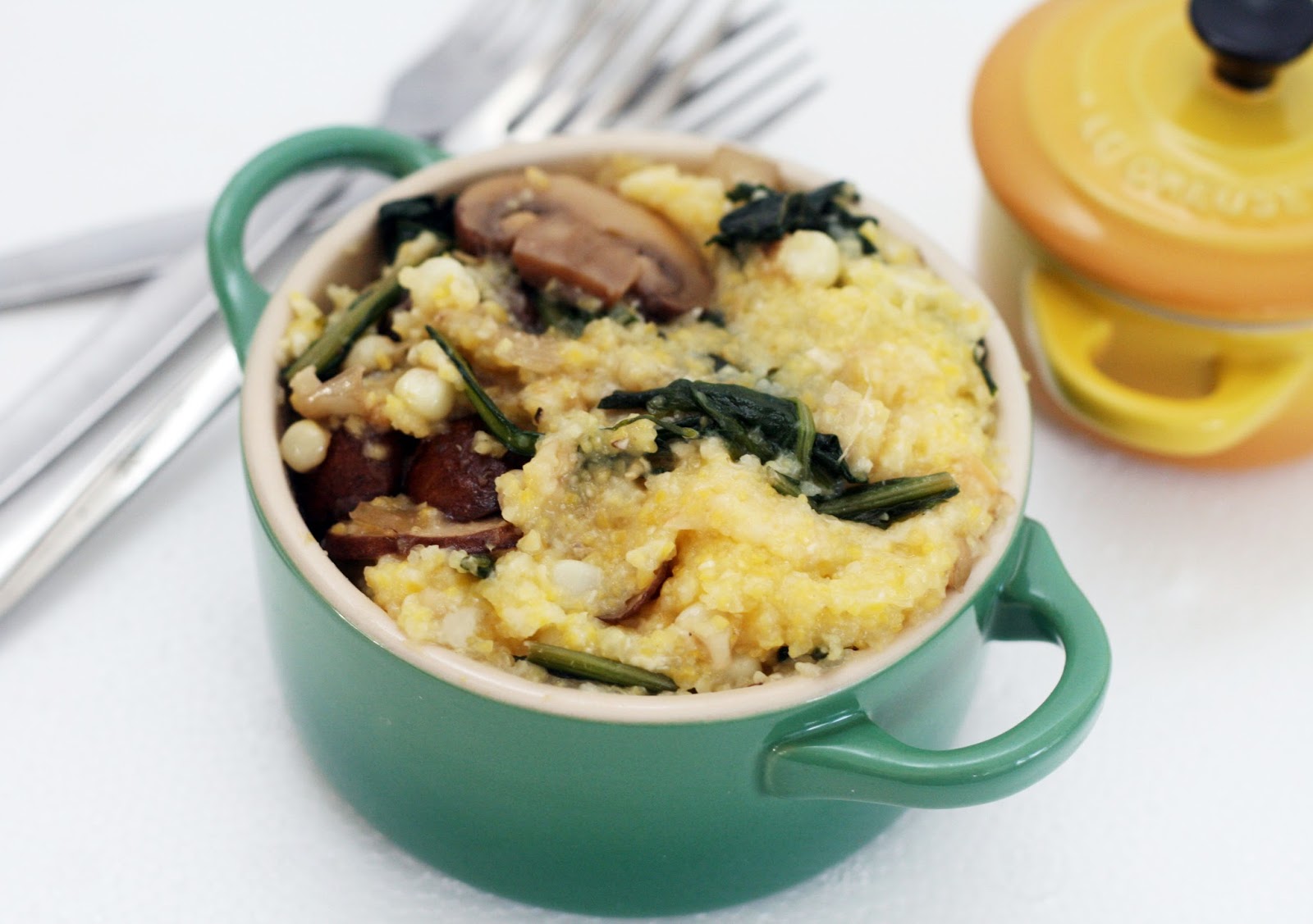 Smoked Gruyère Grits with Dandelion Greens, Mushrooms and Corn