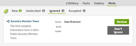 Screen capture from Ancestry for Ignored hints of Jean Brannan in McKinlay/McMullen tree