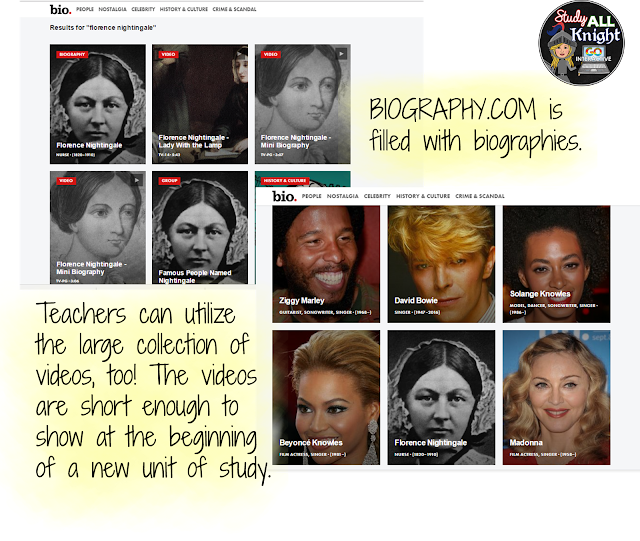 BIOGRAPHY.COM is filled with biographies. Teachers can utilize the large collection of videos, too! The videos are short enough to show at the beginning of a new unit of study. Using Biography.com for online biography research is a great site to promote a growth mindset into your lessons.