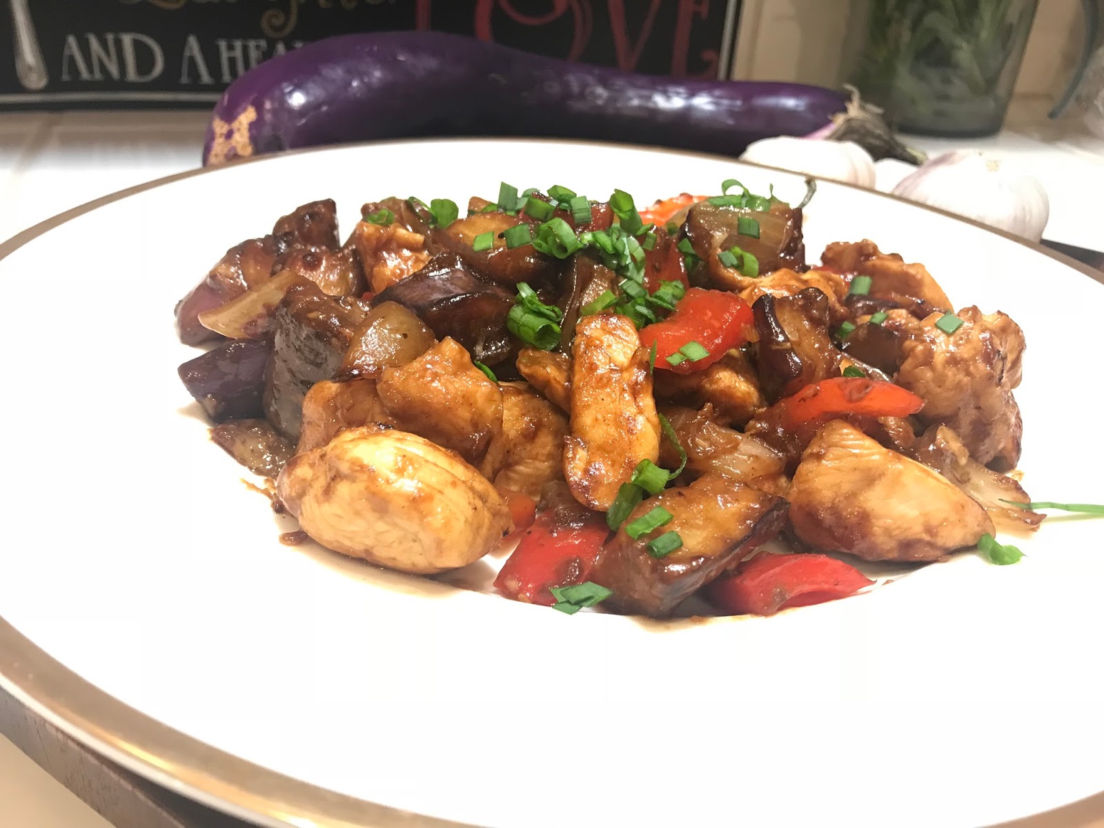 Eggplant & Chicken Stir Fry in Garlic Sauce