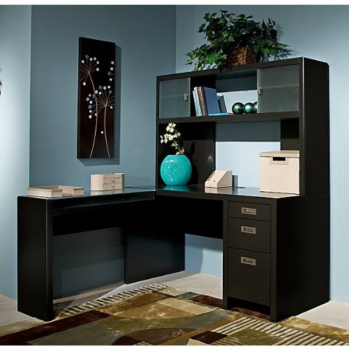 White & Black LShaped Computer Desks with Hutch