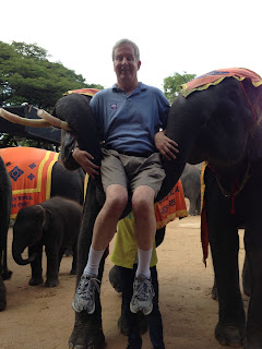 Elephant holding Mike in his trunk