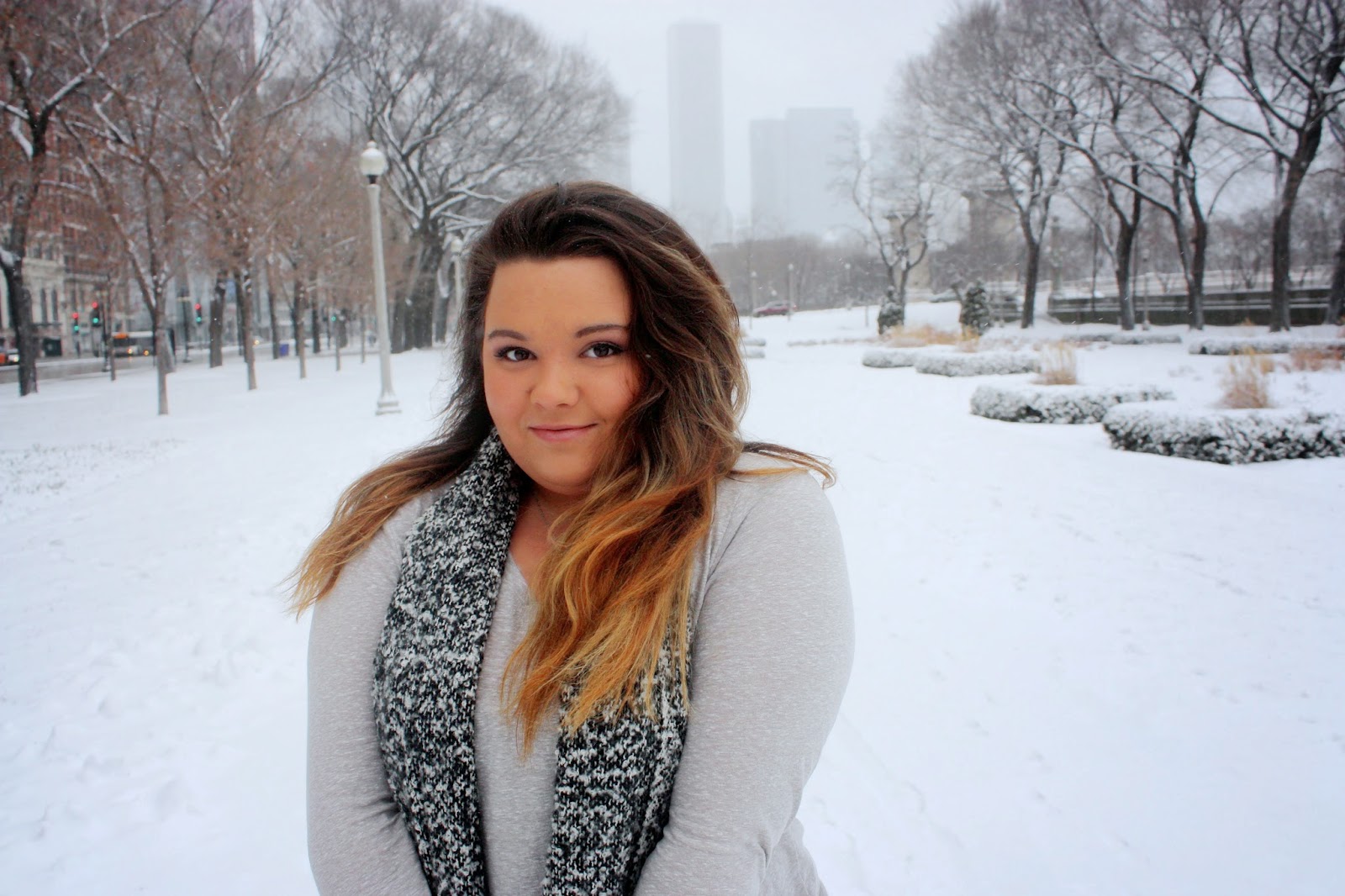 Natalie Craig, chicago, natalie in the city, plus size fashion blogger, curvy girls, fatshion, winter fashion 2015, what to wear, ootd, winter whites, snow day, what to wear snow, bbw, scarves, DIY destroyed denim, white denim, how to cut denim, ombre, thicks girls, knee high socks, how to wear a scarf, Forever 21, shopcade, chicago bloggers network, grant park