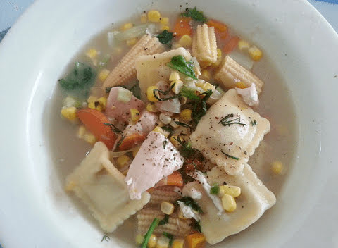 Feta ravioli with leek soup