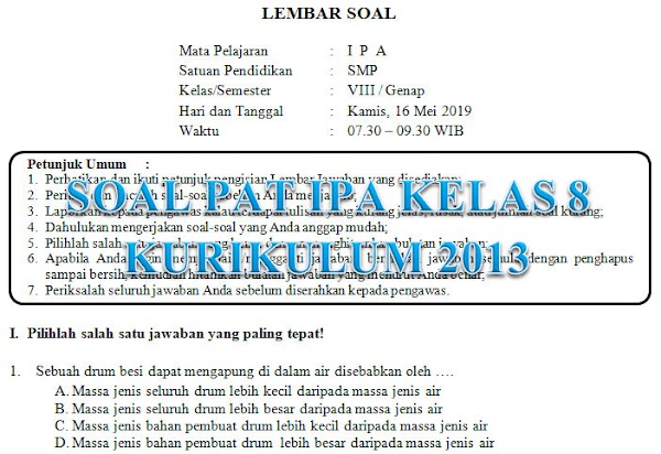 Soal dan Kunci Jawaban PAT IPA SMP Kelas 8 Kurikulum 2013 Tahun Pelajaran 2018/2019