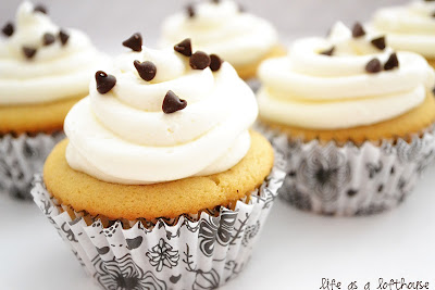 Vanilla cupcakes with a cookie dough center and a delicious, classic vanilla buttercream frosting. Life-in-the-Lofthouse.com
