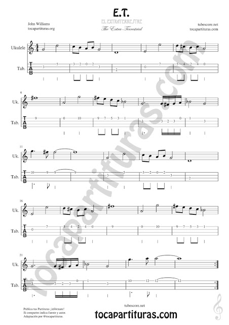  ET Ukelele Tablatura y Partitura Punteo Tablature Sheet Music for Ukelele Tabs Music Scores