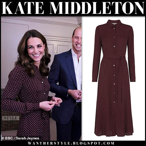 Kate Middleton in burgundy polka dot shirt dress at Kensington Palace ...