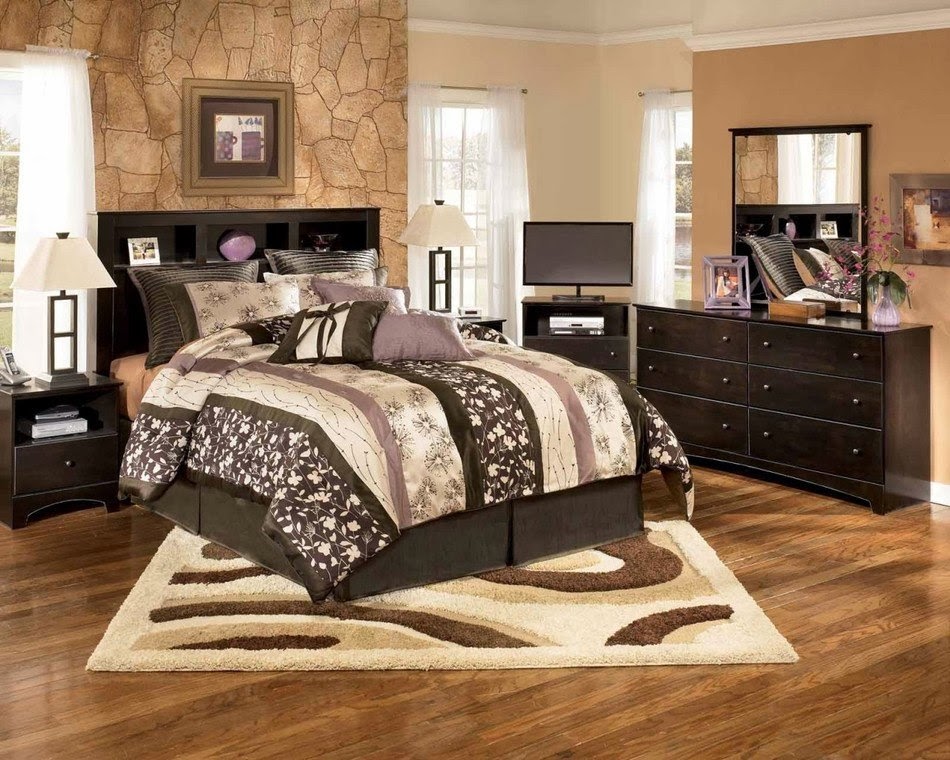 Bedroom With Brown Furniture And Textured Rug