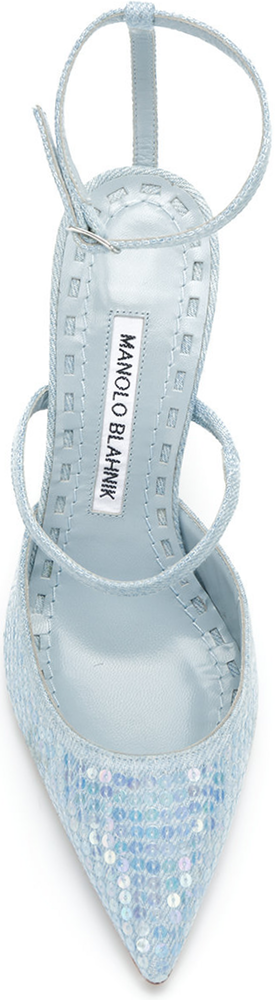 Rihanna x Manolo Light Blue Denim and Sequin Strappy Pumps