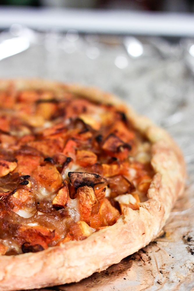 Butternut squash and caramelized onion cheese galette
