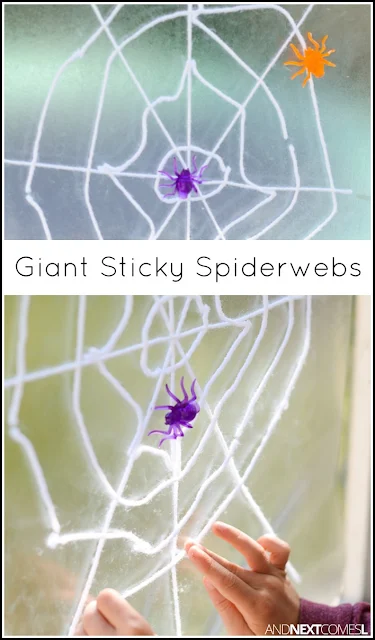 Giant sticky spiderwebs: easy non-spooky Halloween craft idea for kids from And Next Comes L
