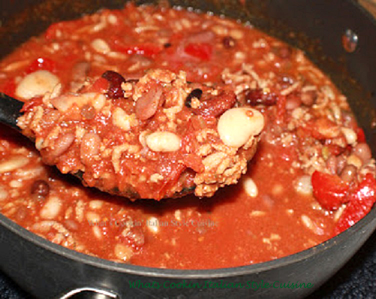 this is a delicious chili made with Italian herbs, spices, meat and beans with a splash of Merlot wine.