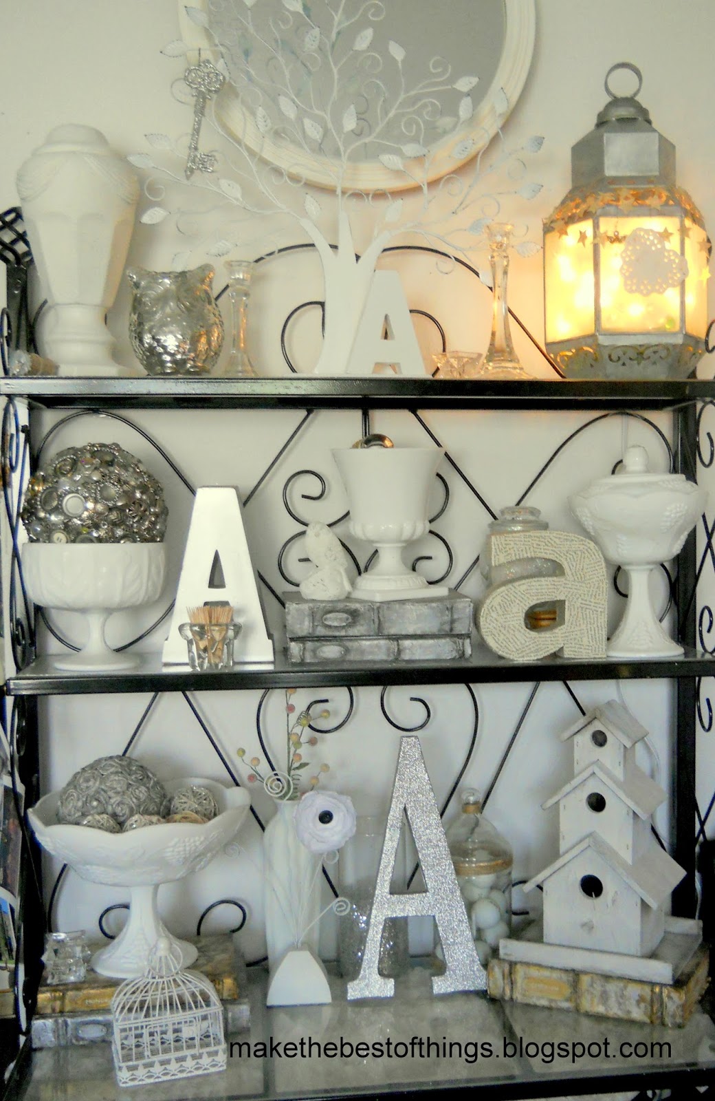 Make The Best of Things White and Silver and Gold Decor On My Baker's Rack