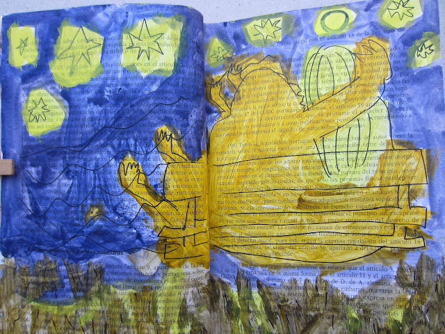 Pintura que muestra a una pareja abrazada en un banco, mirando las estrellas y con los pies en remojo en la orilla del mar. Se ven las estrellas y la luna y la pareja está de espaldas. Pintura realizada en junio de 2012 por Emebezeta con rotulador y pintura acrílica.