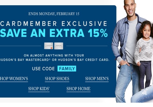 Hudson's Bay Family Day Weekend Extra 15% Off Cardmember Promo Code