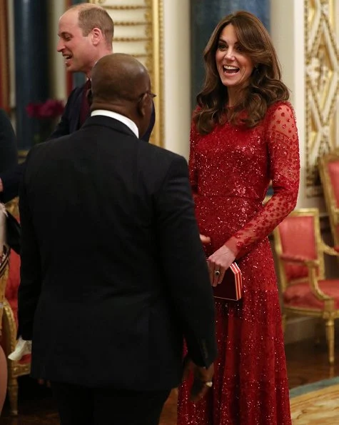 Kate Middleton wore a new red sequined tulle gown by Needle and Thread. The Countess of Wessex wore a stripe knit dress by Alaïa